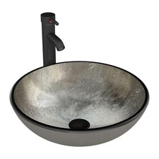 Round Glass Vessel Sink with Silver Metallic Finish and Black Faucet Drain Kit