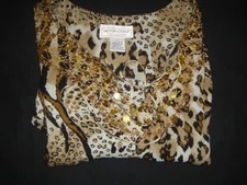 Victor Costa Silk Animal Print Silk Beaded Blouse Womens L Tunic Vintage Brown