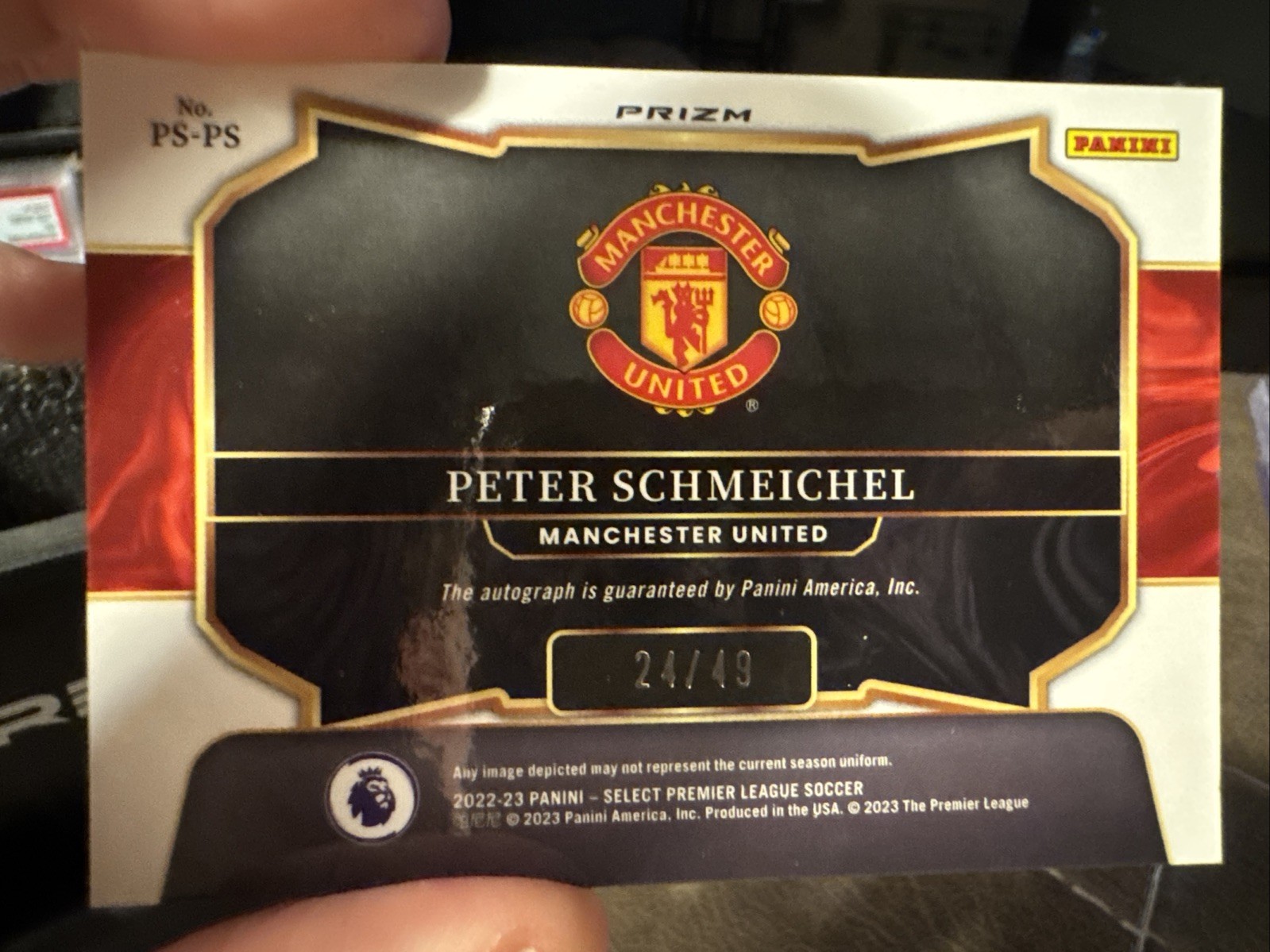 2022-23 Panini Prizm Premier League Signatures Peter Schmeichel /49 Purple auto view 2