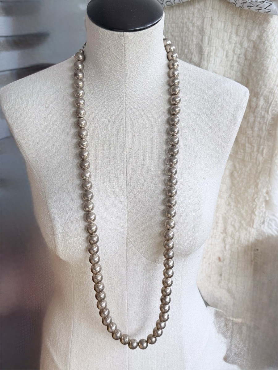 VTG Navajo Pearls Ball Necklace 38“ Sterling Silver Beads 150 G Native American