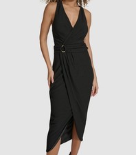 Siena Women's Black Faux-Wrap Sleeveless Cut-Out Midi Dress Size 14