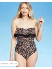 Kona Sol Women's Crochet Flounce Bandeau High Coverage Swimsuit Size XL NWT