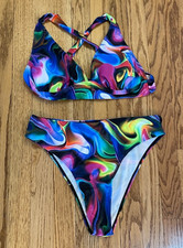 NWOT Psychedelic Rainbow Swirl UV Bikini, Womens Large