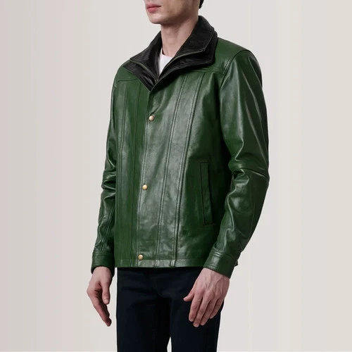 Forest Green Genuine Leather Jacket Classic Casual Winter Coat Button Front image 3