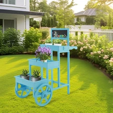 3-Tiered Flower Cart Display Stand with Wheels Plant Flower Rack with Blackboard