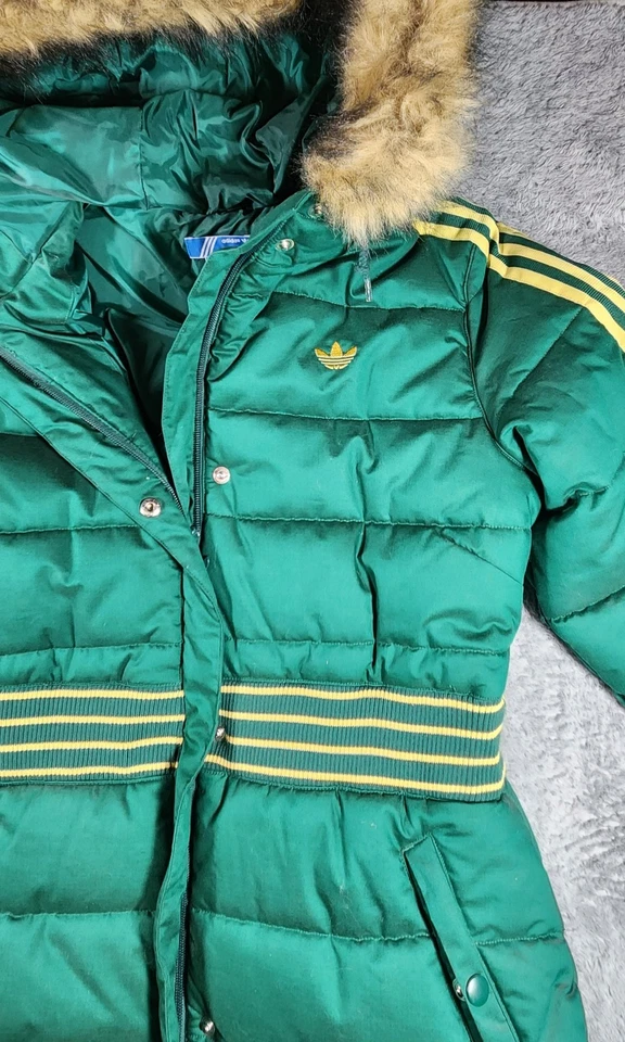 Adidas Notre Dame Long Puffer Jacket Women’s Size Medium Green Fur Hood VTG - Image 3 of 4