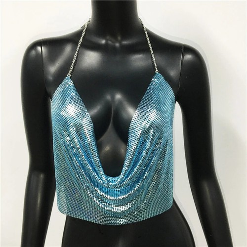 Metall Pailletten Neckholder Damen sexy V-Ausschnitt rückenlose Kette Tauchtank Weste kurzes Oberteil - Bild 23 von 27