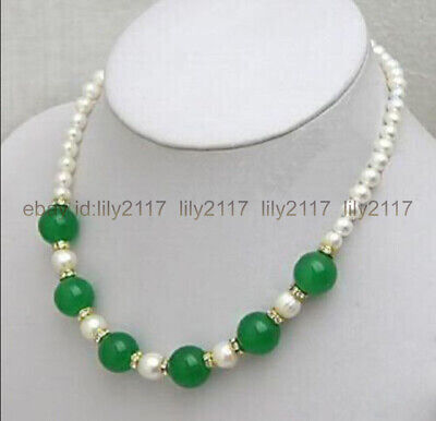 Natural 7-8MM White Akoya Pearl & Green Jade Round Gems Beads Necklace 18" 
