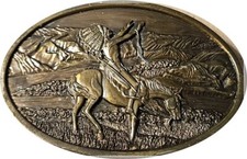 NATIVE AMERICAN MAN ON HORSE BELT BUCKLE - BERGAMONT BRASS WORKS