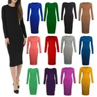 Ladies Womens Long Sleeve Stretch Bodycon Plain Jersey Midi Dress 8-26
