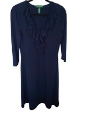 Lauren Ralph Lauren Navy Chiffon Ruffled V Neck A- Line Midi Dress Medium