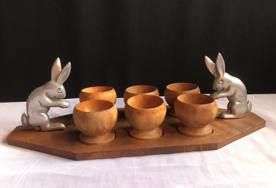 Vintage Osterhase Hase 6 Eierbecher aus Holz auf Ständer Made in France