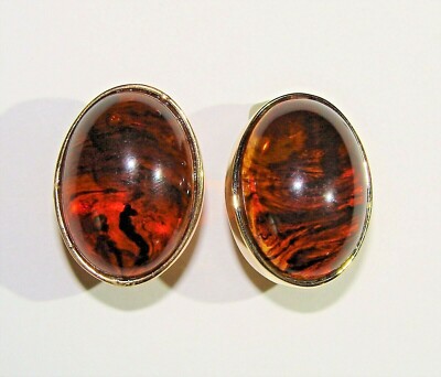 VINTAGE CINER GOLD TONE CLIP ON CABOCHON BROWN AMBER TORTOISE EARRINGS