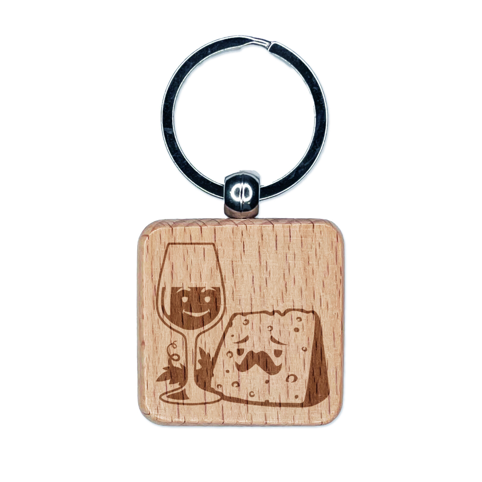 Wine Glass and Cheese Perfect Pair Engraved Wood Square Keychain Tag Charm