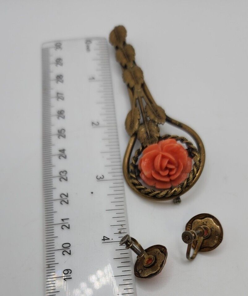 Victorian Carved Coral Celluloid Rose Brass Art D… - image 6