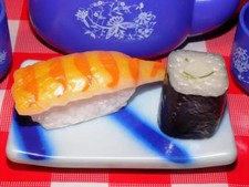 Realistic Japanese play food sushi wrapped in seaweed raw shrimp and rice sushi