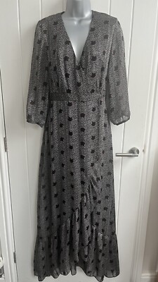 BA&SH Damen Midi Wickelkleid schwarz-weiß geometrisch Gr.0 UK8 Chiffon fließend