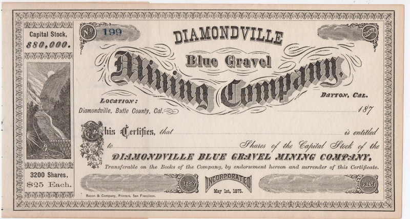 1870s Stock Certificate Diamondville Blue Gravel Mining Co Butte Co CA