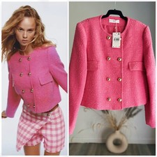 Mango Textured Tweed Short Blazer Gold Button...