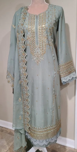 Pakistani  3PC Kameez Shalwar Dupatta Multi Party Wear Women Size L Cotton NWOT