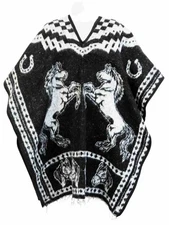 Authentic Mexican Poncho Gaban - Unisex Black Poncho with Horses Design
