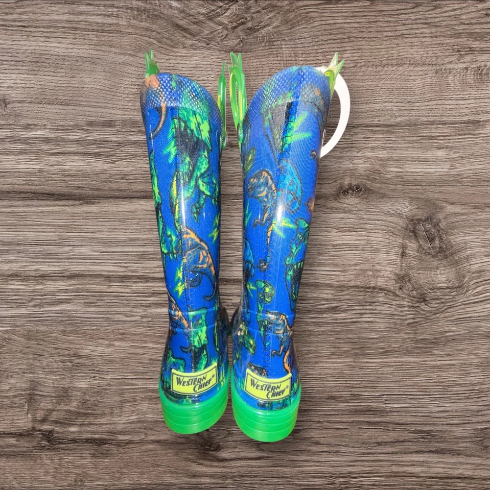 Botas de lluvia iluminadas Western Chief Kids T-Rex azul verde dinosaurio talla 11 nuevas sin etiquetas Foto 4 de 4