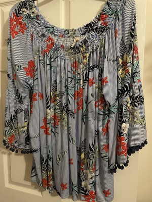 Grand & Greene Plus 3X Tropical On/Off Shoulder Floral Blouse w/Bell Sleeves EUC