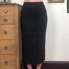 Vintage Black Midi Skirt w Silver Polka Dots 1980s Stretch Column Skirt Size S-L