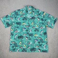Camicia Aloha Republic uomo 2XL verde hawaiano marlin pesce barca stampa made USA