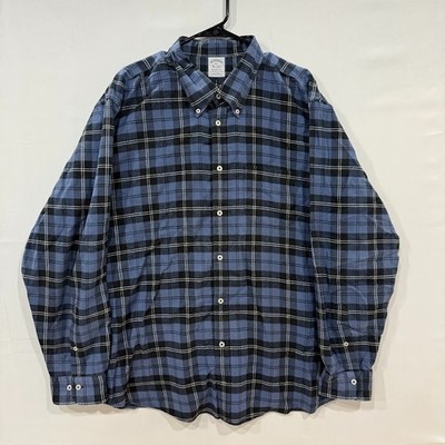 Brooks Brothers Flannel Shirt Mens XXL Blue Black Plaid Regent Fit Cotton