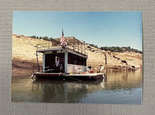1989 Color Photo Houseboat on Lake with American Flag Vintage Kodak Print 3.5x5