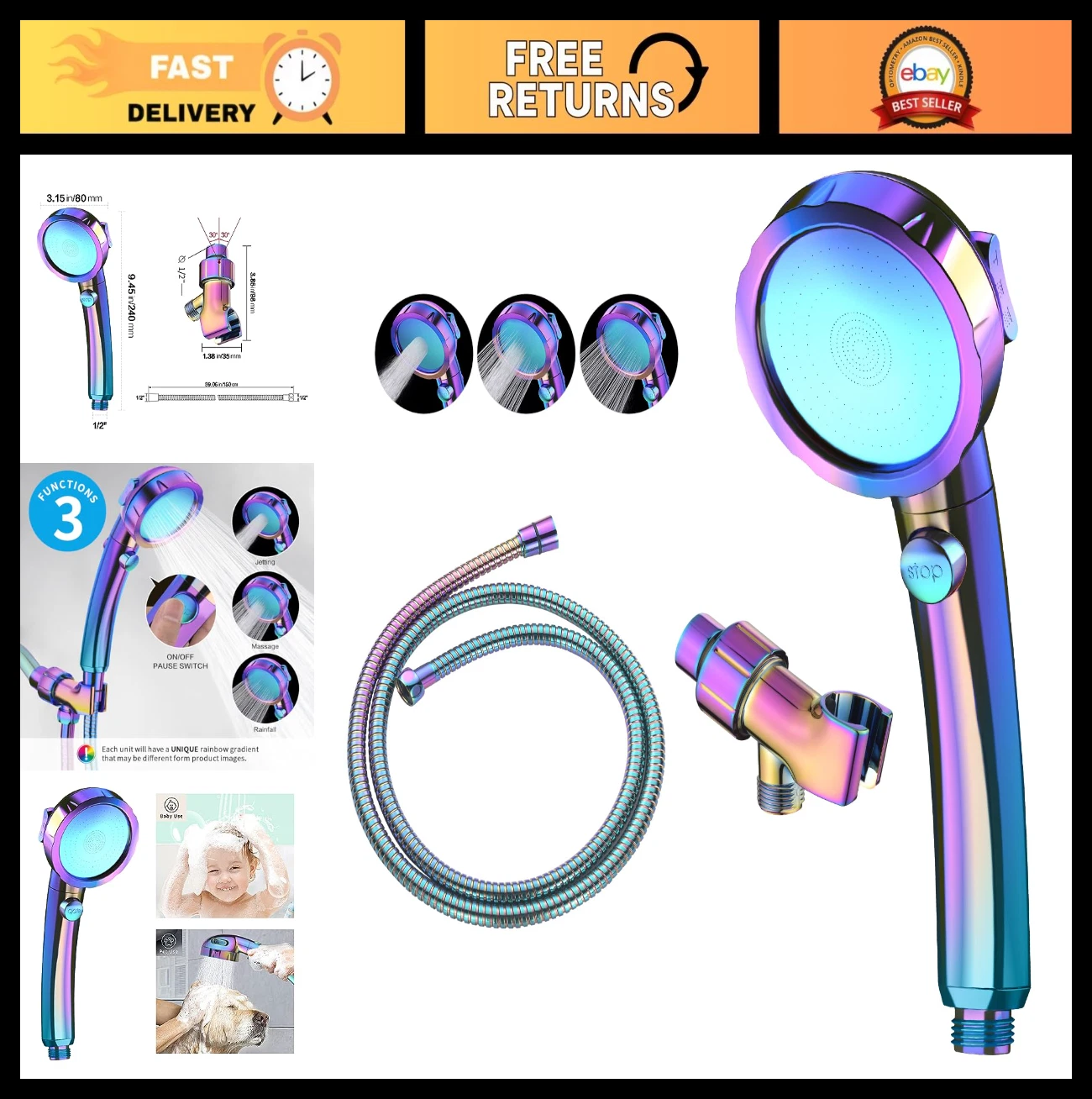 High Pressure Handheld Shower Head with ON/OFF Switch, 3 Spray Modes, Adjustable