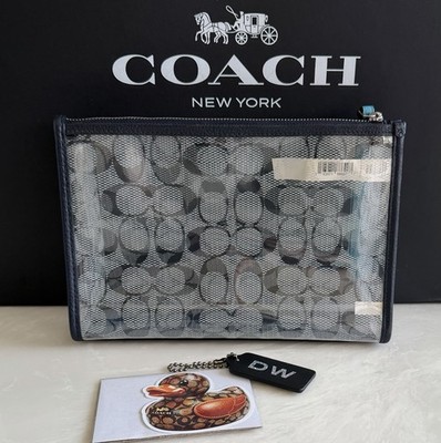 COACH CLEAR SIGNATURE PVC ZIP POUCH BLACK/BLUE LEATHER BEACH