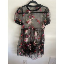 Sheer Embroidered Black Mesh Mini Dress Puff Sleeve Ruffle Tiered Floral