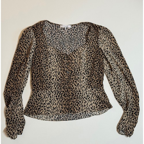 FRAME Leopard Print Silk Peplum Blouse Sweetheart Neck Tan Black Size S Org$378