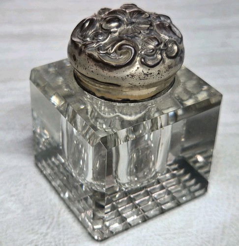1800s Victorian Cut Glass Inkwell Sterling Silver Cap Repousse