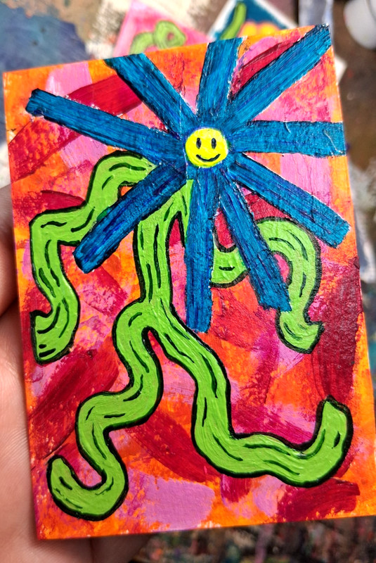 ACEO Original Art Acrylic Whimsy Happy Face Blue Flower Creature Magical Fae
