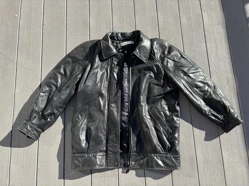 Vintage Andrew Marc Black Genuine Leather Jacket Zip Up Made in Korea 46" Chest - product listing photo