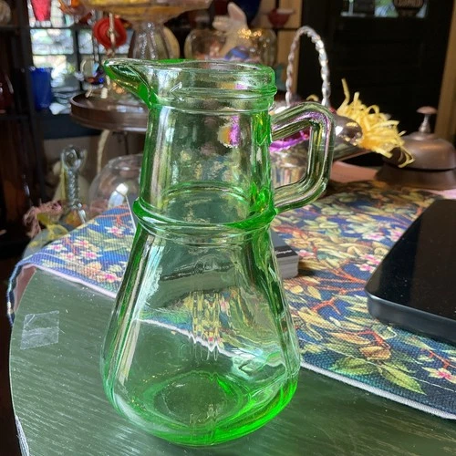 Vintage Green Uranium Depression Glass Hazel Atlas Syrup 6” Pitcher (No Lid)