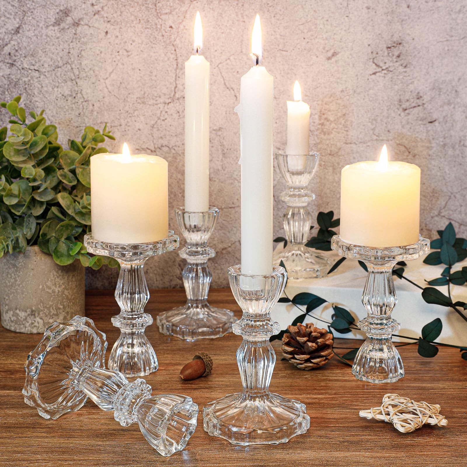 4 Tall Glass Candlestick Holder Set of 6 Clear Crystal Glass Candle Holders for