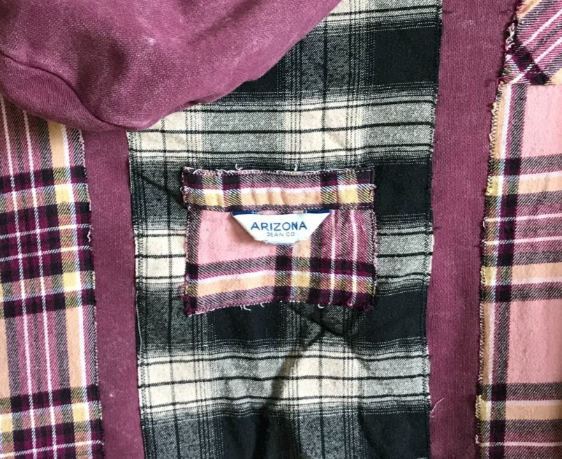 Upcycled Patchwork Hoodie: Distressed Magenta Pla… - image 13