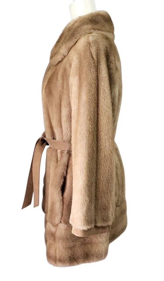 Vtg 70s Lilli Ann Coat Sz M? Tan Faux Fur Suede Leather Trim Belted Mod Mobwife - Image 4 of 4