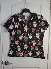 Frosty the Snowman Black V Neck Pockets Short Sleeves Women's Scrub Top Large