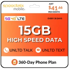 SpeedTalk SIM Card Unlimited Prepaid Phone Plan Simcard 15GB High Speed 4G Data