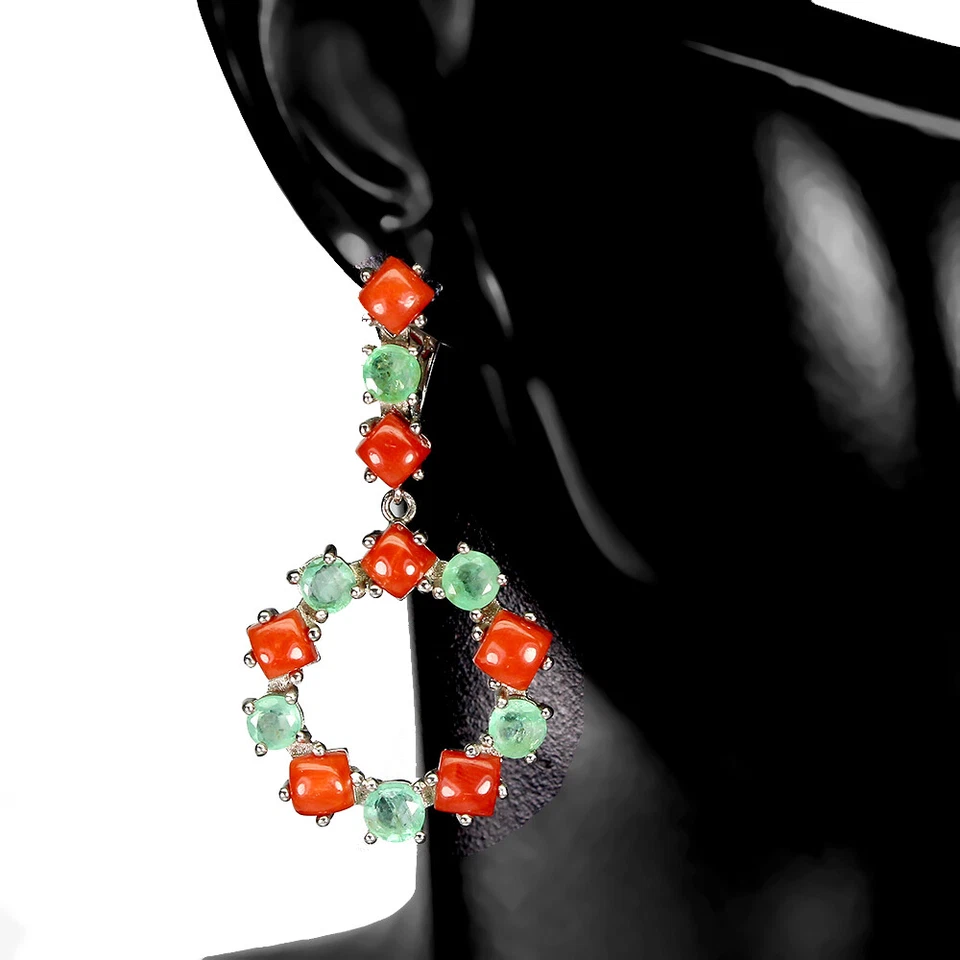 925 Orecchini Argento Sterling Rotondo Smeraldo Corallo 4mm Naturale Gemma Gioie - Immagine 2 di 4