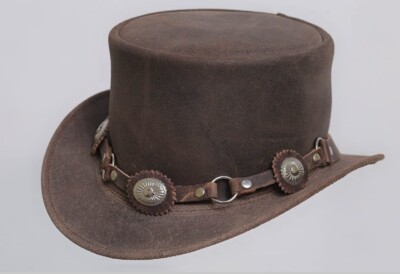 Brauner Leder Zylinder Hut Conchos Band Western Gothic Lederhut Steampunk Zylinderhut