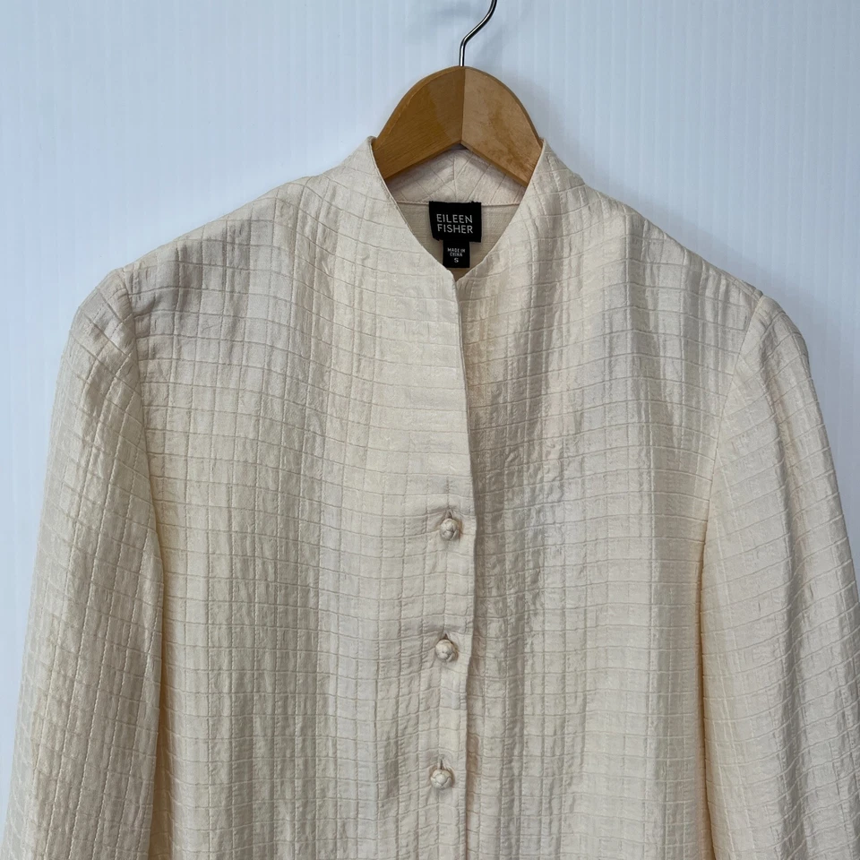 Chaqueta Eileen Fisher Mujer Pequeña Seda Lino Cuadros Ligera Trabajo Fiesta Core Go Foto 3 de 4