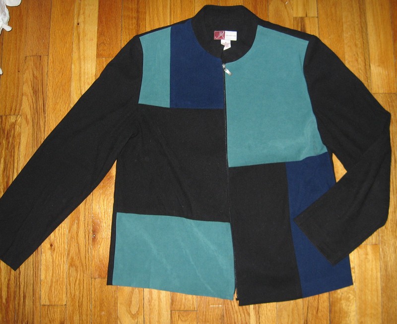 JM collection zip up multi color jacket, size 8