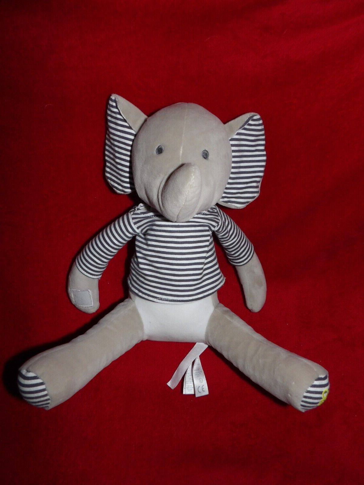 Doudou peluche éléphant gris blanc Obaibi Okaidi pull rayé bleu doudou plat naissance bébé