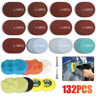 132Pcs 3'' Sanding Discs Foam Buffering Sponge Pad Sander Paper + Drill Adapter